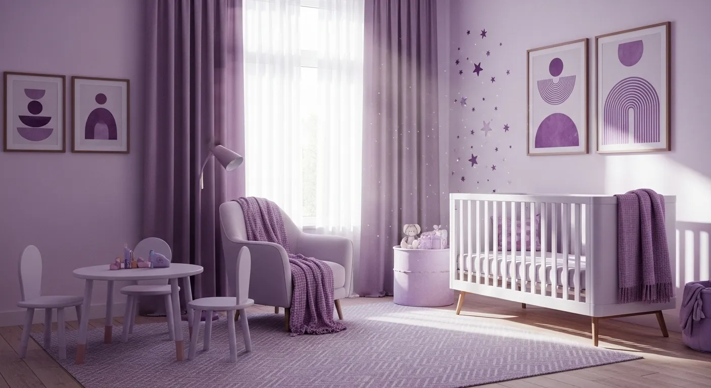 Modern pastel purple nursery design with crib and decor.