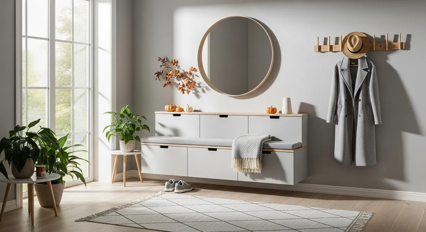 Stylish Scandinavian entryway design with light gray accents and autumn decor for Thanksgiving.