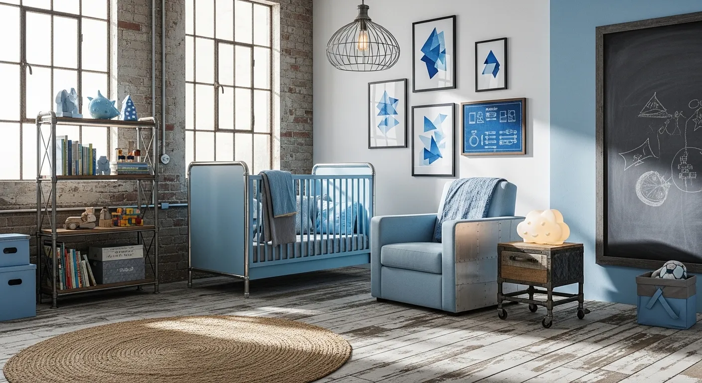 Industrial nursery with sky blue accents, featuring a crib, bookshelf, and cozy chair.