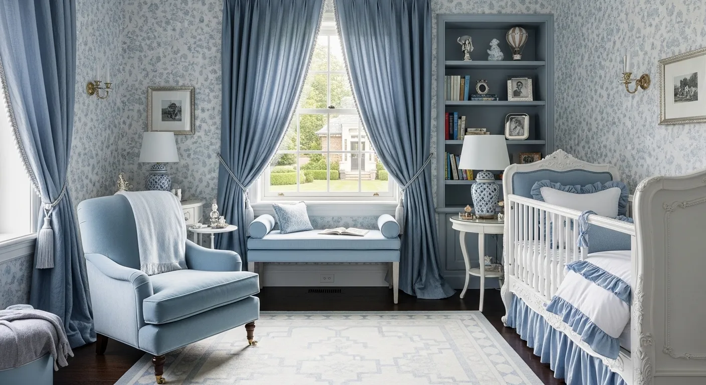 Classic luxury nursery in sky blue with elegant decor and cozy furniture.