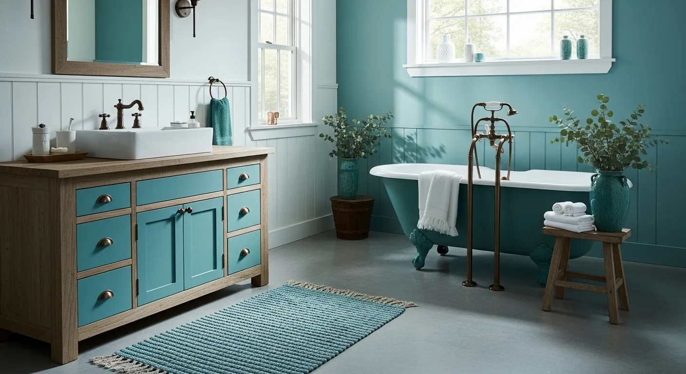 Farmhouse bathroom design featuring teal accents and natural wood elements for a cozy atmosphere.