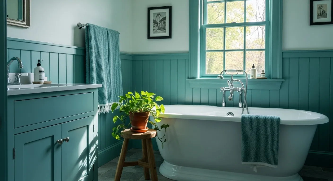 Cozy farmhouse bathroom with teal accents and a vintage tub.