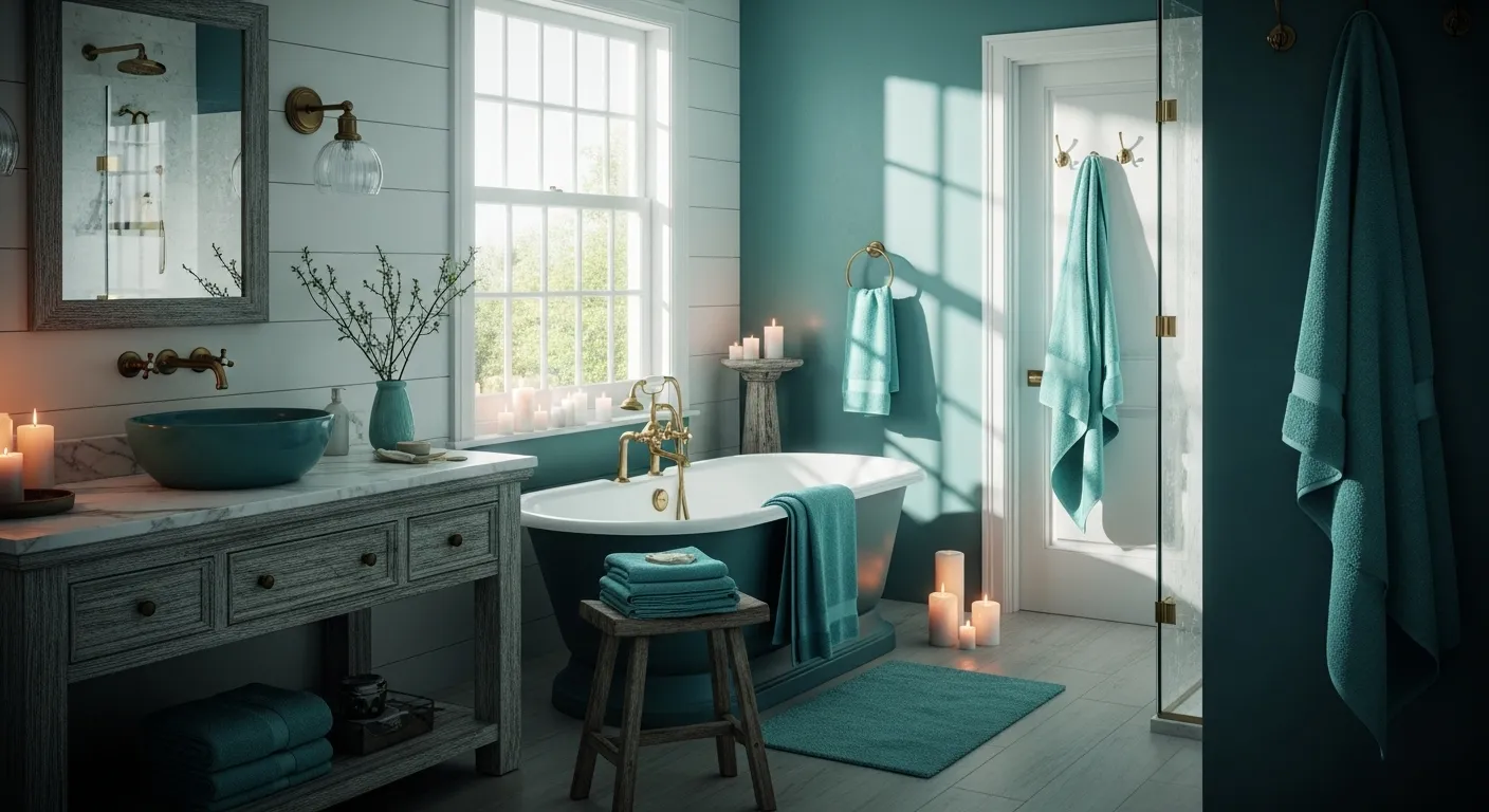 Stylish farmhouse bathroom featuring teal accents, candles, and rustic decor for a cozy atmosphere.