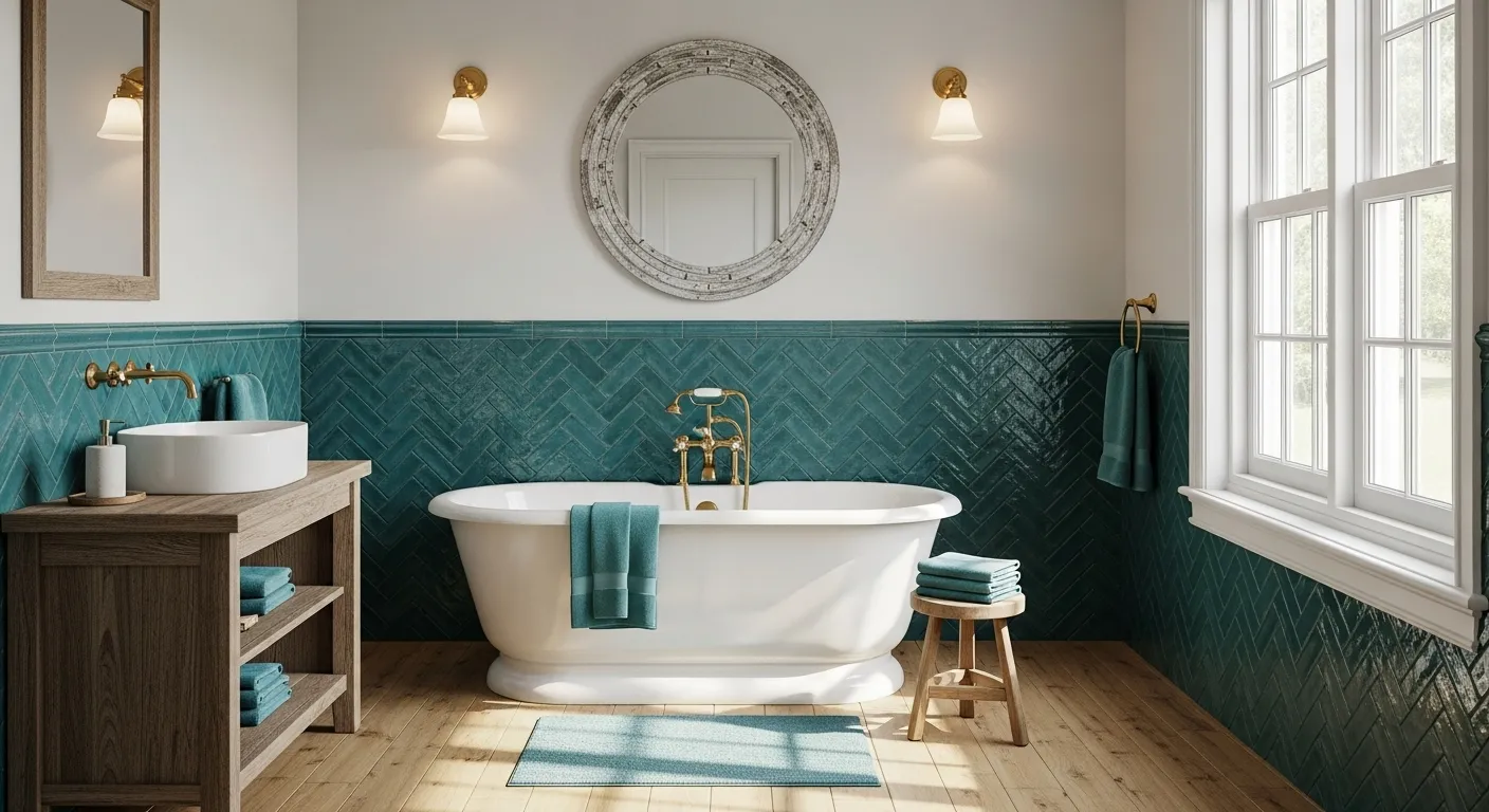Beautiful farmhouse bathroom with teal accents, freestanding tub, and rustic decor.