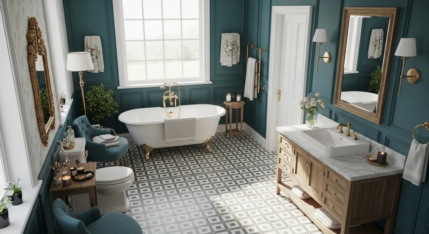 Beautiful farmhouse bathroom featuring teal walls, vintage decor, and elegant fixtures.