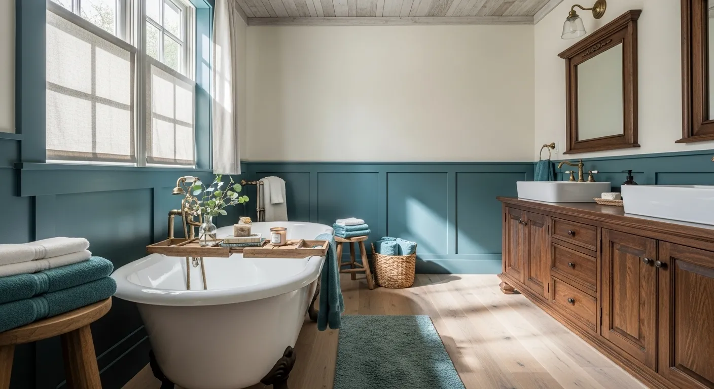 Farmhouse bathroom with teal accents and rustic wooden decor, featuring a freestanding tub.