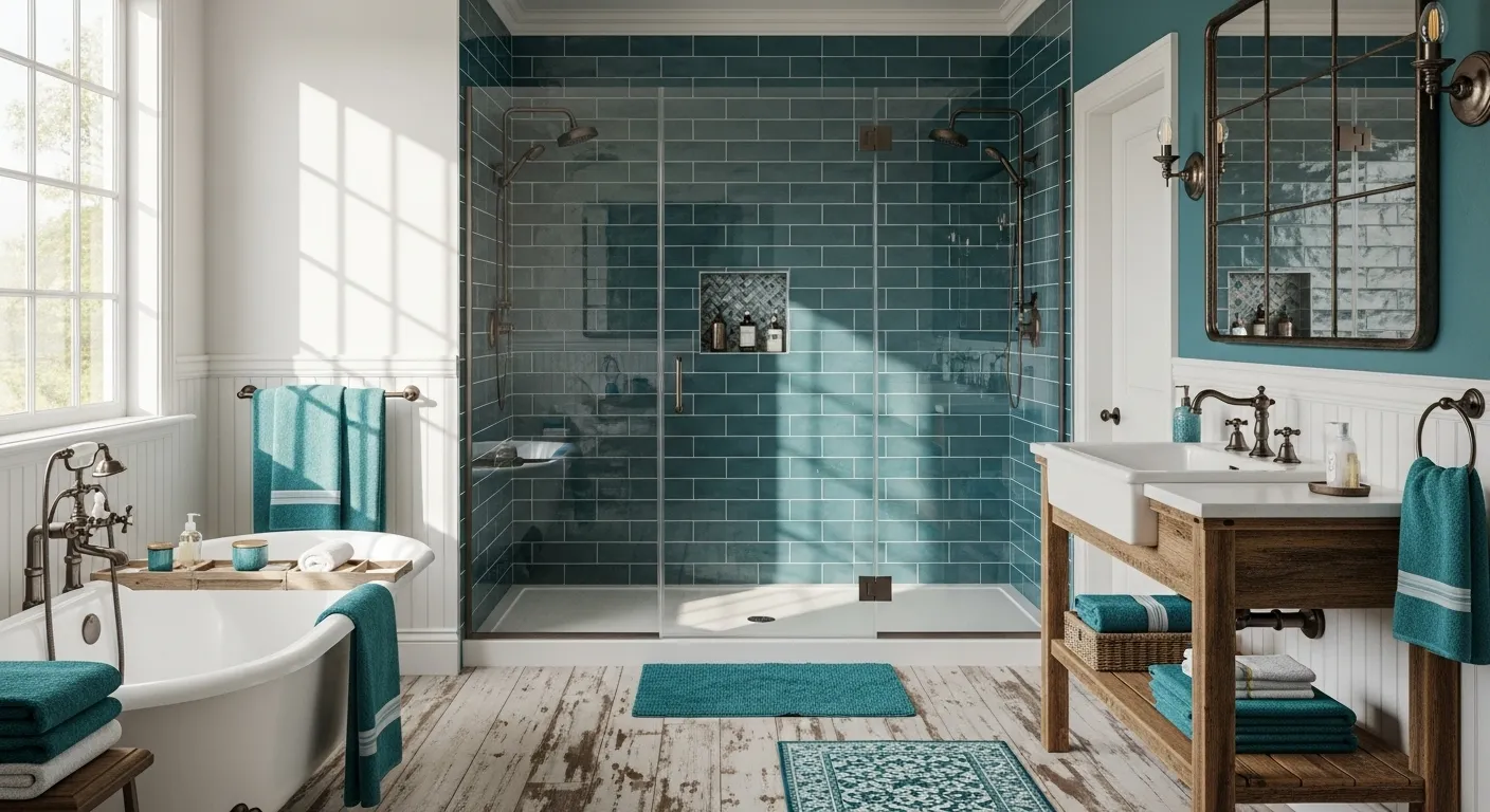 Stylish farmhouse bathroom with teal tiles and decor, showcasing a cozy and inviting atmosphere.
