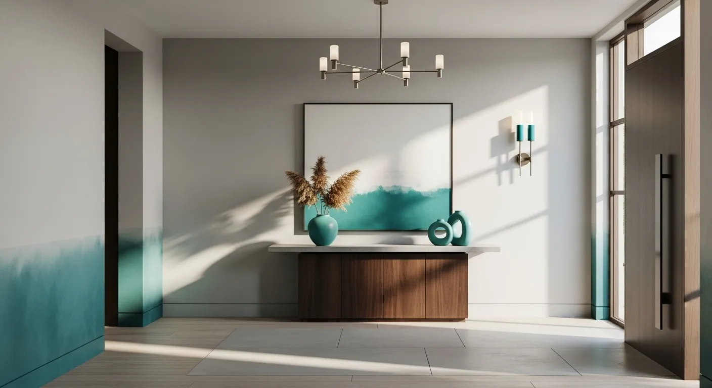 Stylish minimalist entryway featuring teal accents and warm wood decor for an inviting atmosphere.