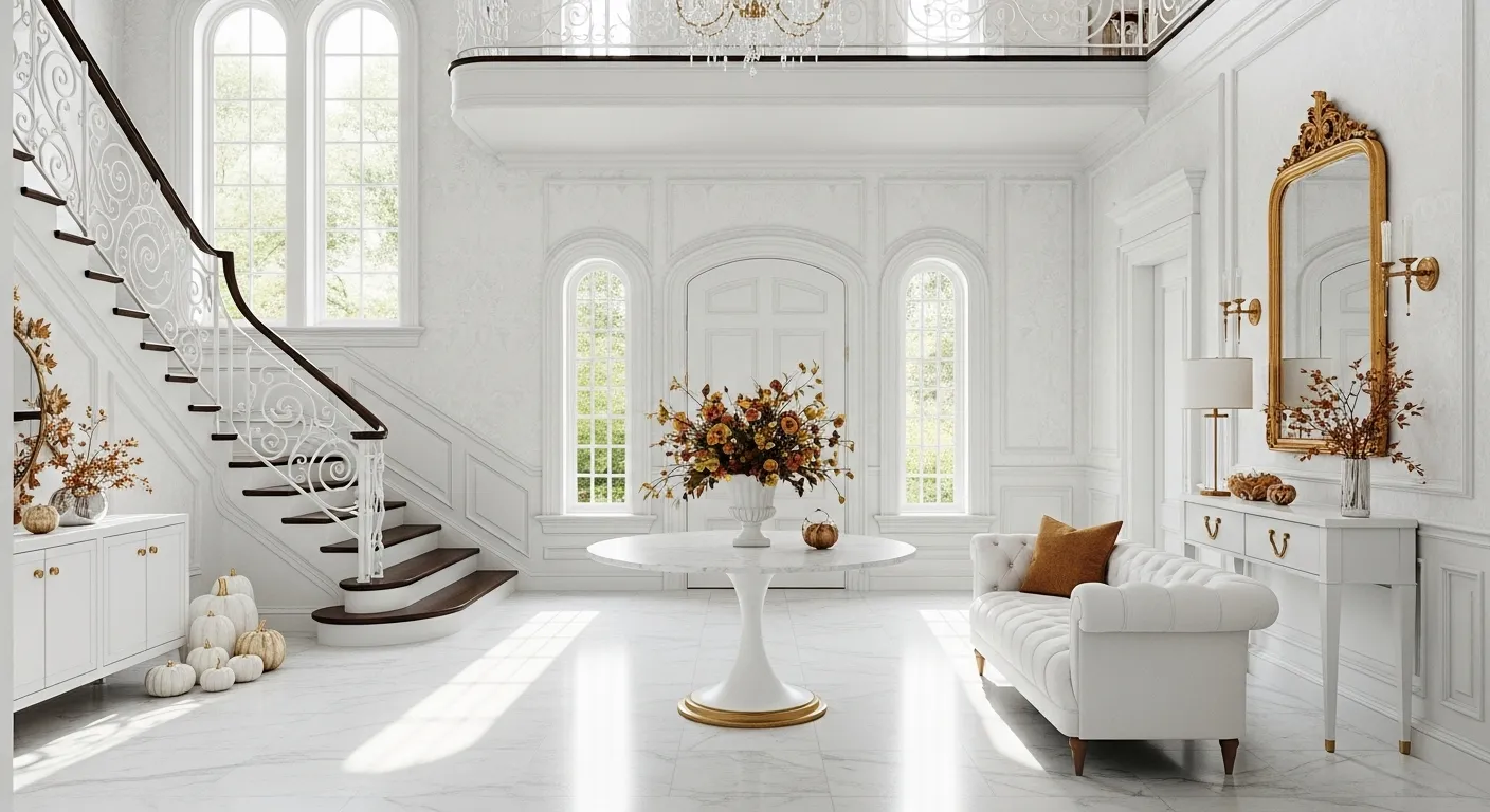 Classic luxury entryway with white color palette and autumn decor featuring pumpkins and floral arrangements.