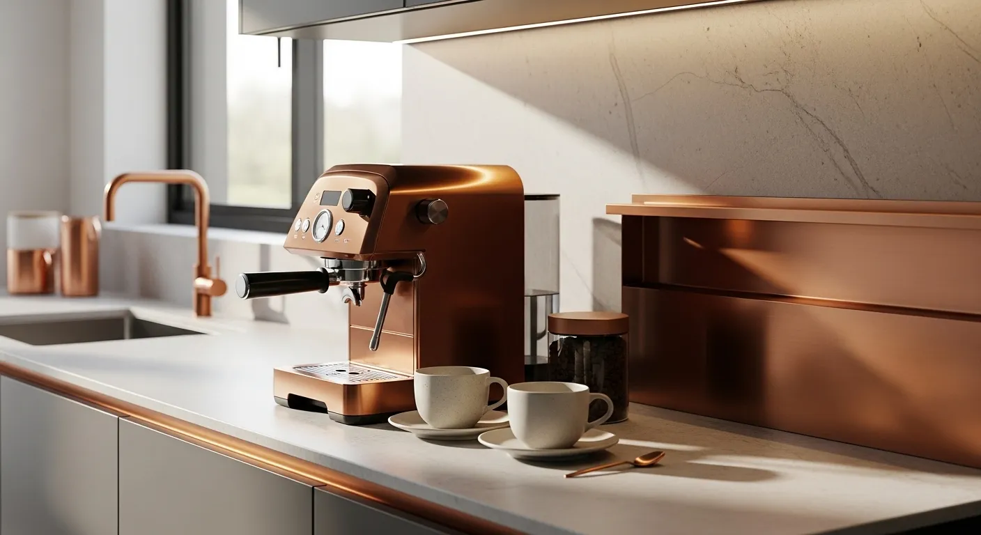 Modern kitchen featuring stunning copper accents, coffee machine, and minimalist decor for a cozy atmosphere.