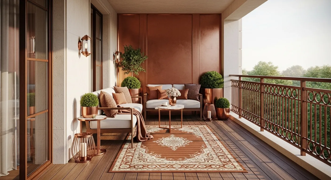 Elegant outdoor balcony with classic luxury design and copper accents.