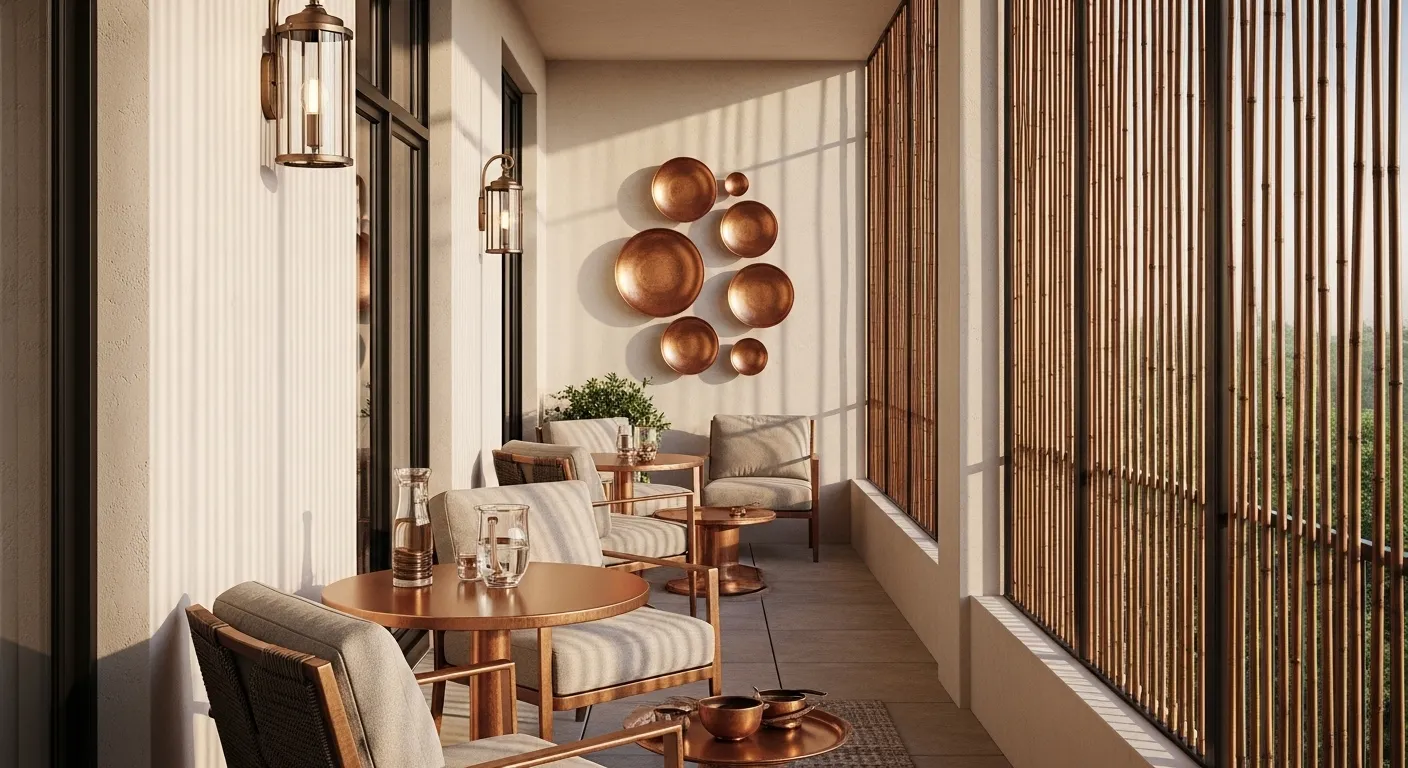Classic luxury outdoor balcony with copper accents and comfortable seating for everyday use.