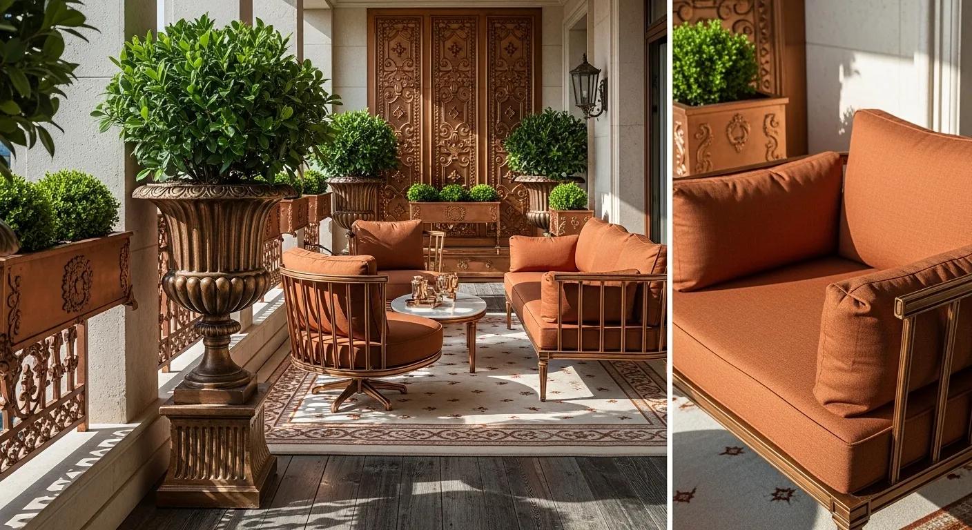 Classic luxury outdoor balcony with copper furniture and lush greenery.