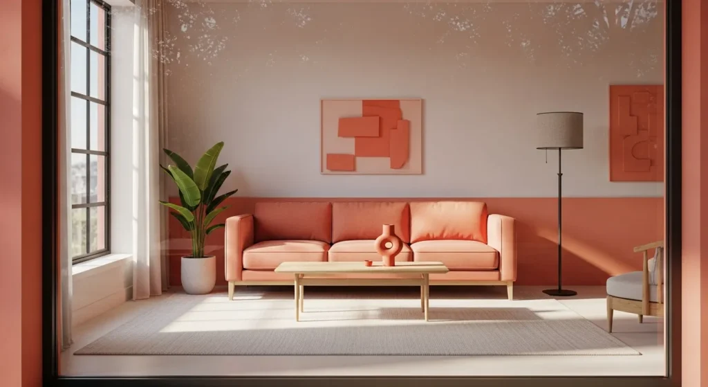 Minimalist living room design with coral color palette featuring a sofa, plants, and artwork.