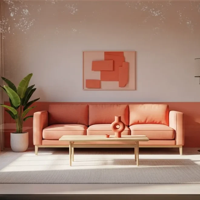 Minimalist living room design with coral color palette featuring a sofa, plants, and artwork.