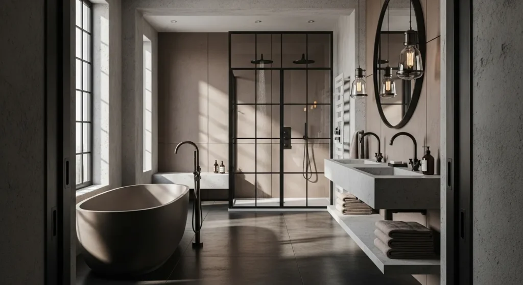 Stylish industrial bathroom featuring taupe tones, modern fixtures, and a soaking tub.
