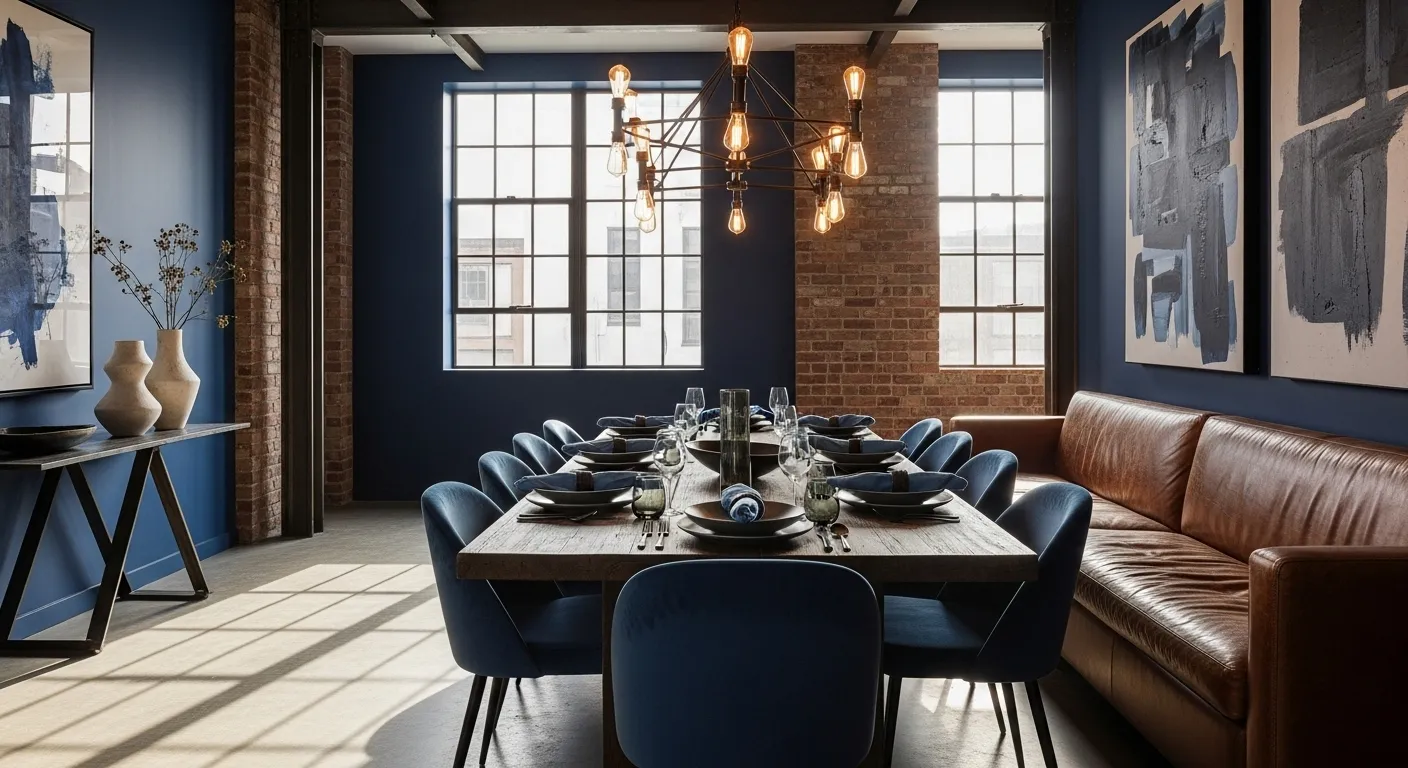Stylish industrial dining room featuring indigo walls, leather seating, and modern decor