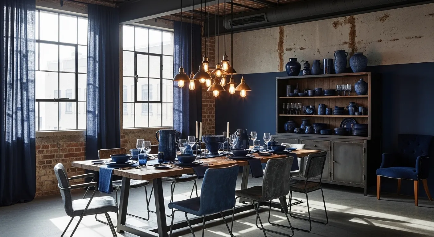 Stylish industrial dining room with indigo color palette featuring wooden table and modern decor.