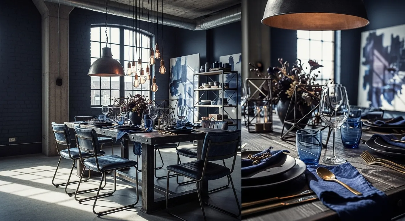 Stylish industrial dining room featuring indigo decor, modern furnishings, and warm lighting.