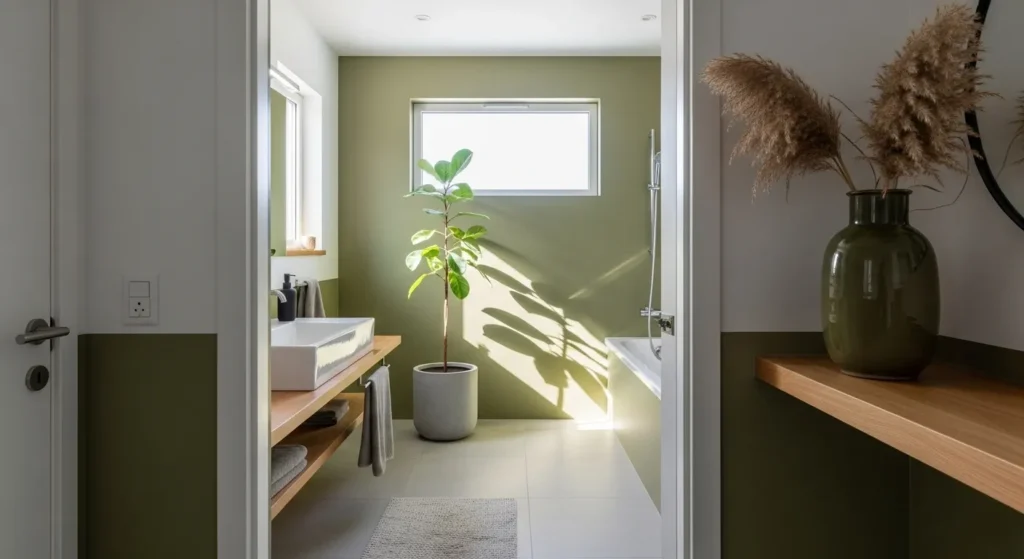 Stylish Japandi bathroom featuring olive green walls, natural elements, and a serene atmosphere.