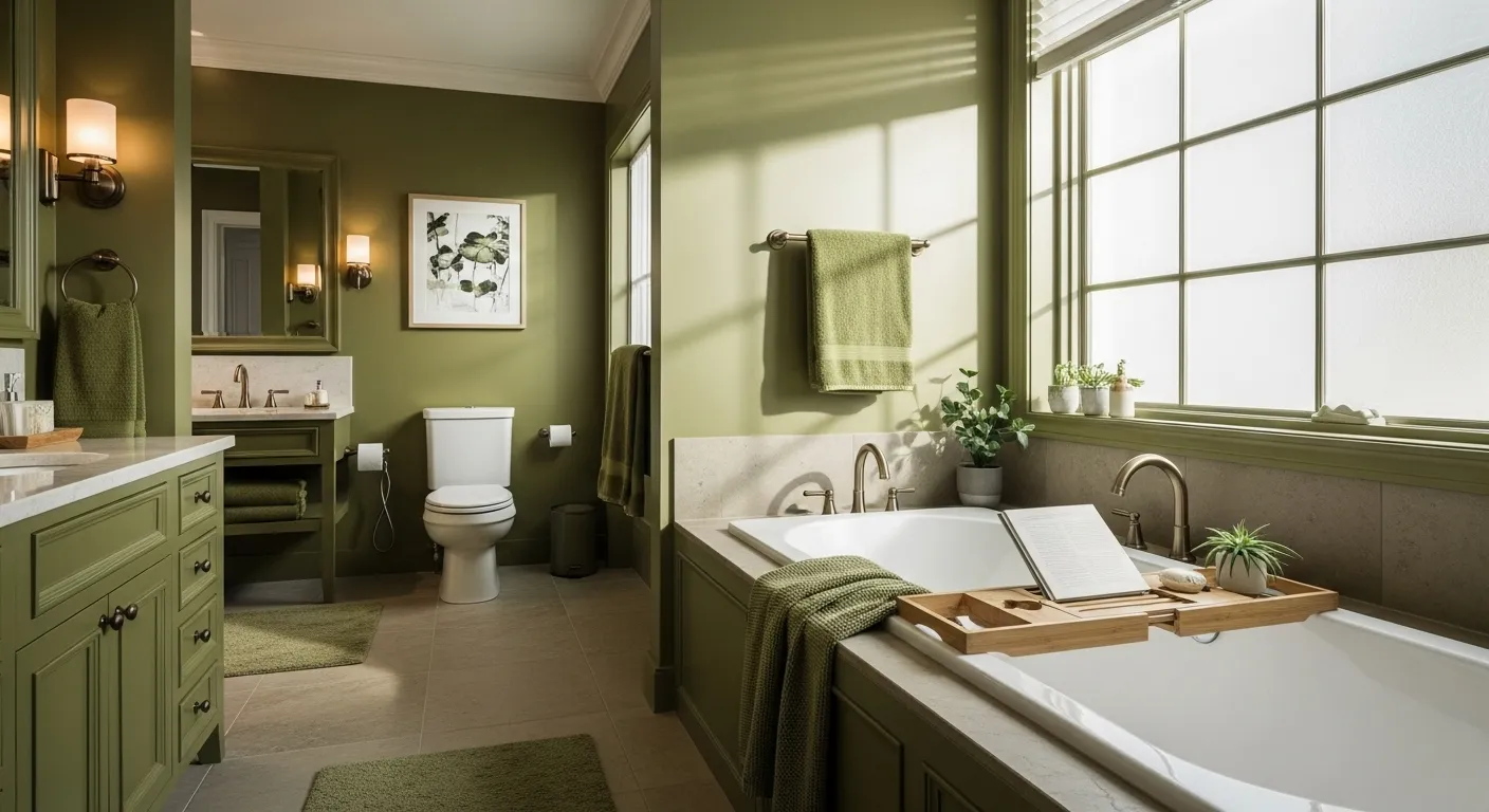 Japandi style bathroom featuring olive green walls and decor, creating a serene atmosphere.