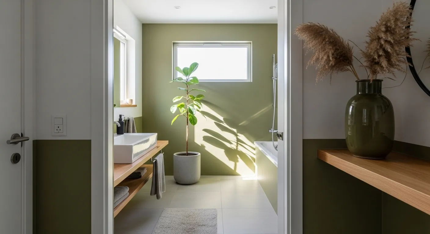Stylish Japandi bathroom featuring olive green walls, natural elements, and a serene atmosphere.