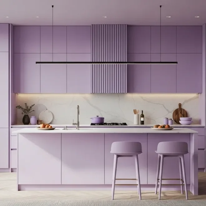 Modern Japandi kitchen design featuring lavender cabinets and minimalist decor for a serene atmosphere.