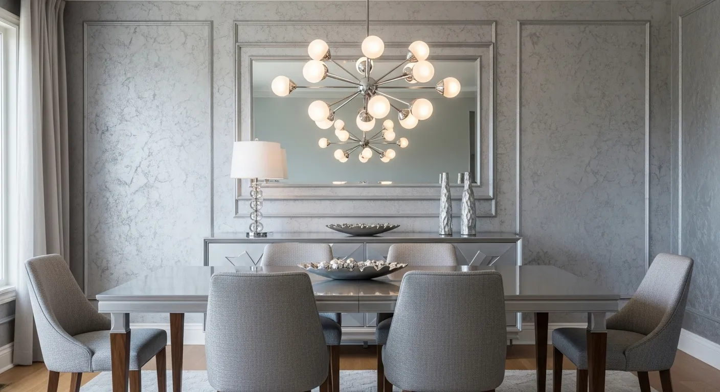 Elegant mid-century modern dining room with silver color palette, stylish chandelier, and gray chairs.