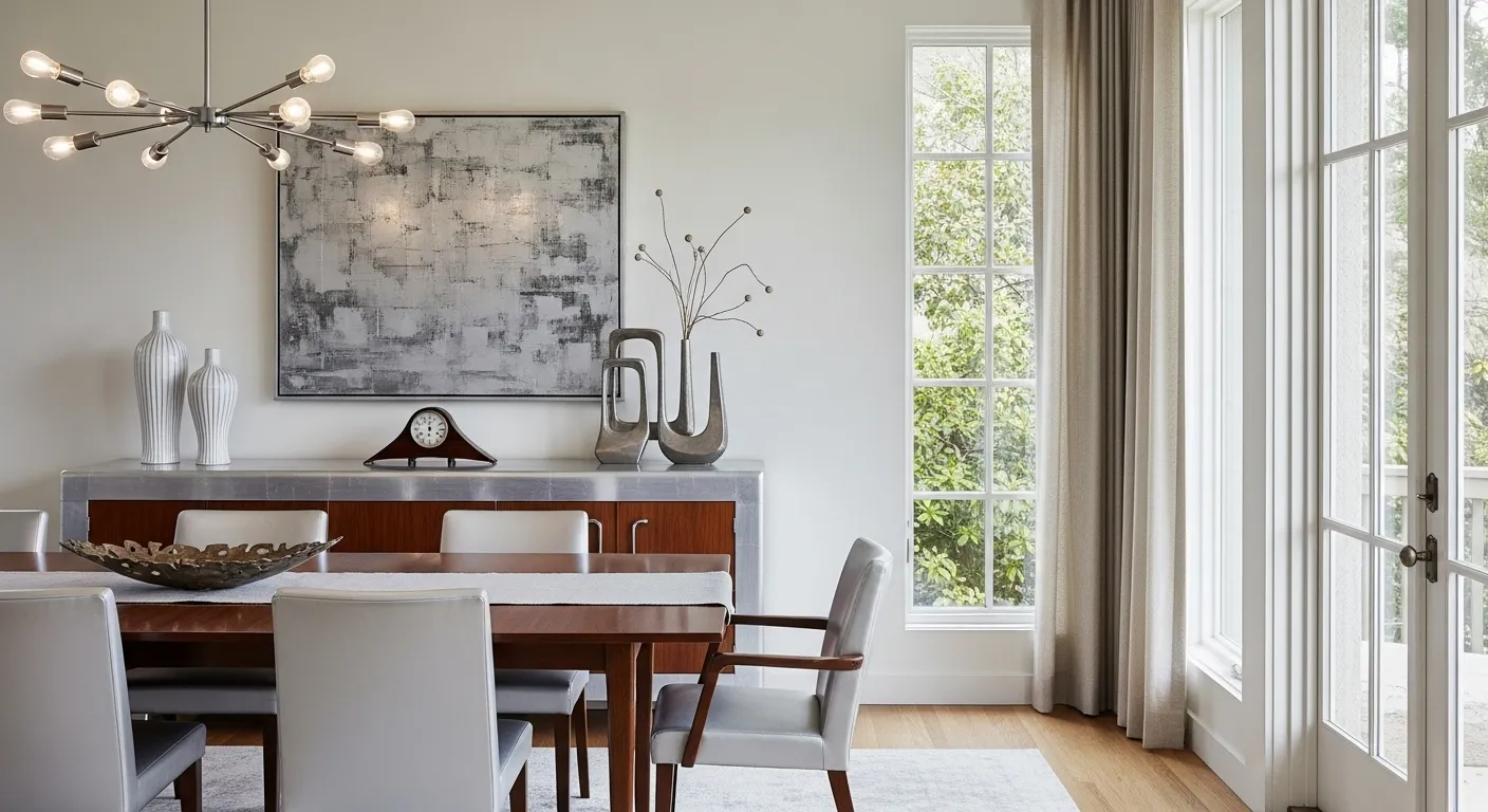 Elegant mid-century modern dining room with silver accents, featuring stylish decor and natural light.