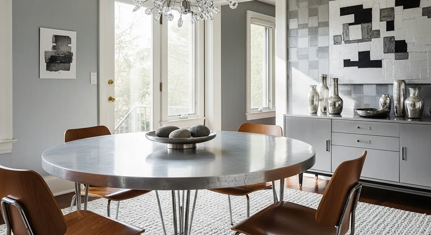 Elegant Mid-Century Modern dining room with silver accents and wooden chairs