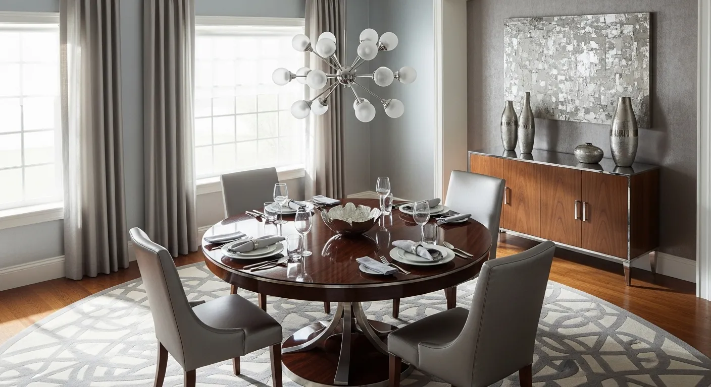 Stylish Mid-Century Modern dining room with silver accents and elegant decor.