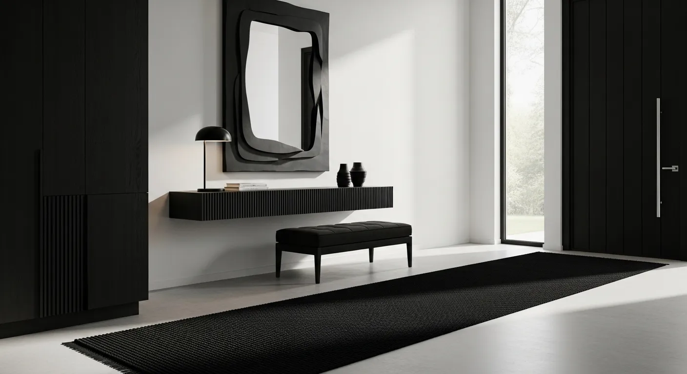 Stylish minimalist entryway design featuring black decor and furniture for a modern home.