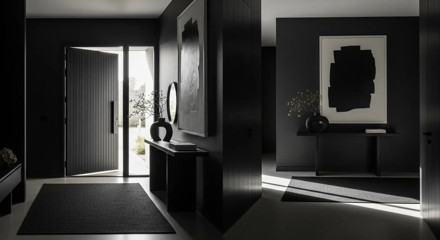 Stylish minimalist entryway with black decor and accents for everyday elegance.