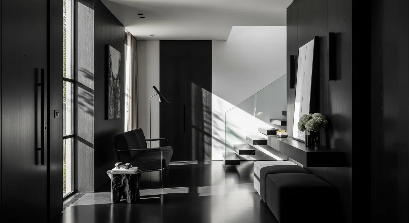 Stylish minimalist entryway featuring black color palette and sleek design elements.