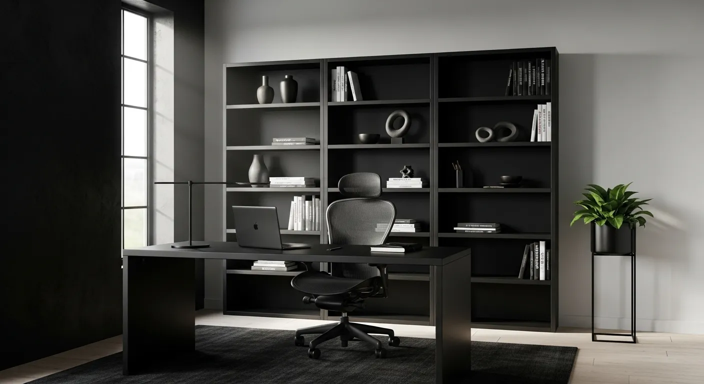 Stylish minimalist home office featuring black furniture and decor, perfect for everyday use.