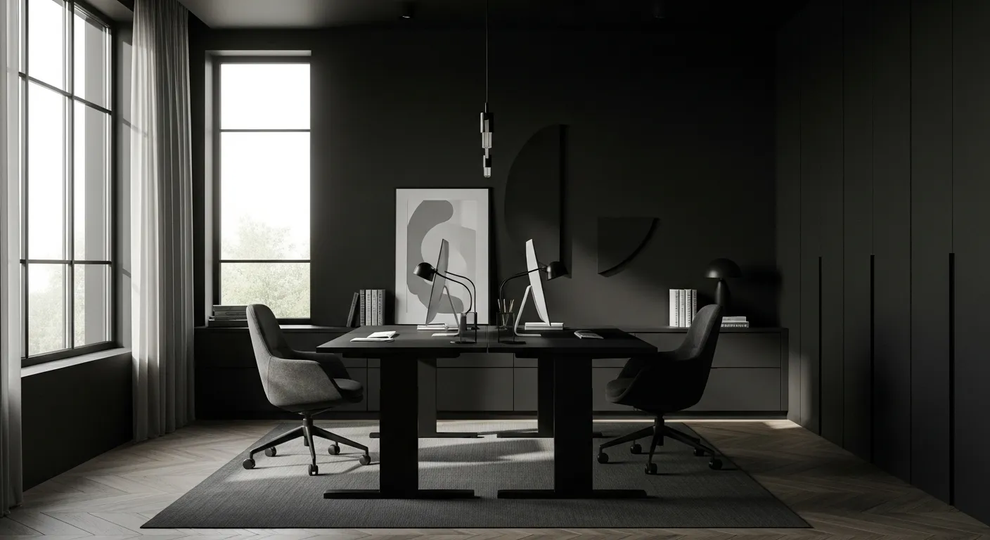 Stylish minimalist black home office with sleek furniture and natural light