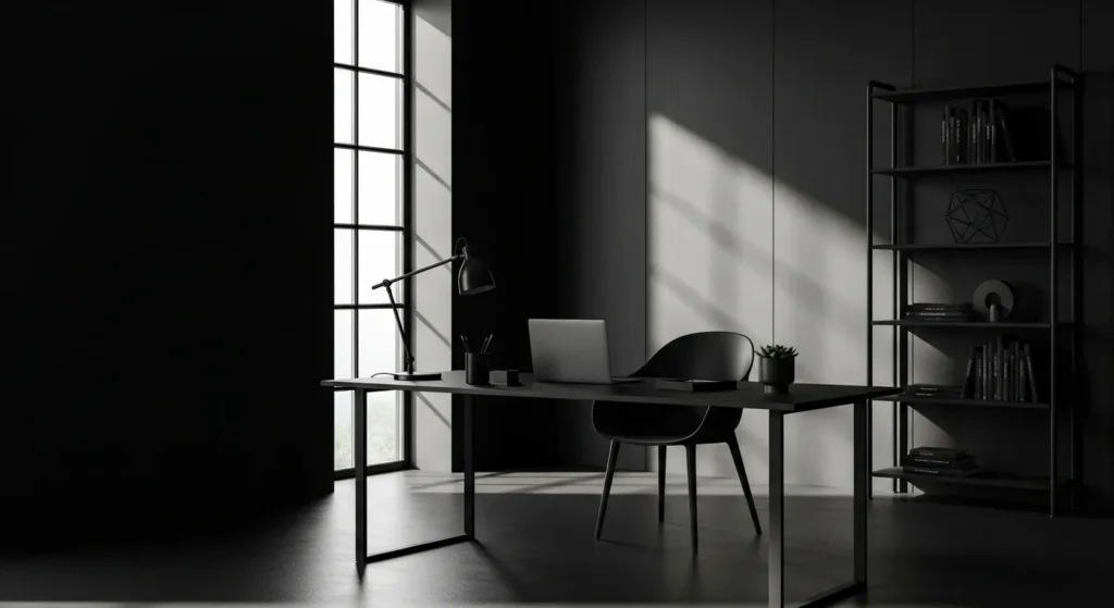 Minimalist home office featuring a sleek black color palette, modern desk, and stylish decor for productivity.