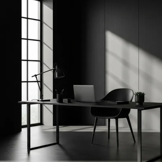 Minimalist home office featuring a sleek black color palette, modern desk, and stylish decor for productivity.