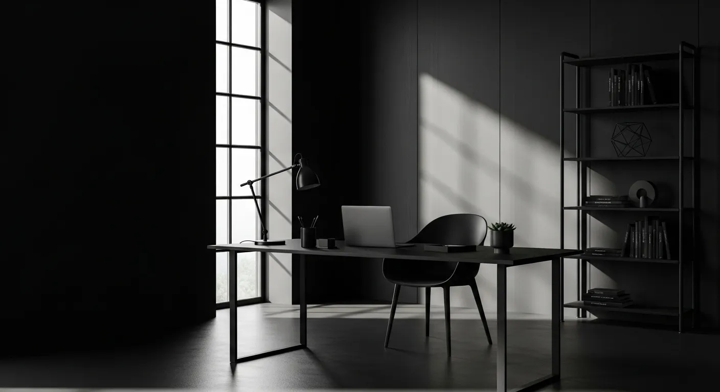 Minimalist home office featuring a sleek black color palette, modern desk, and stylish decor for productivity.