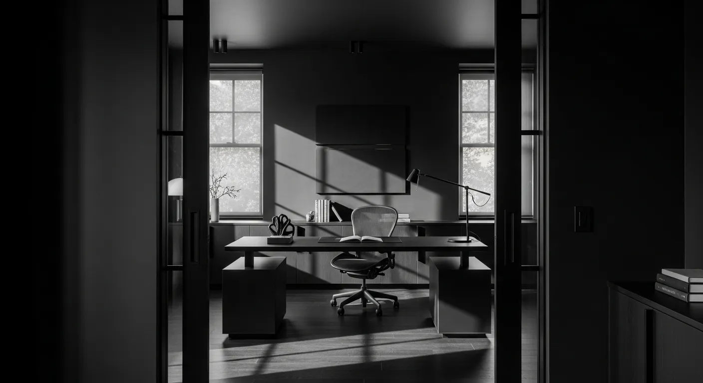 Stylish minimalist black home office with modern desk and chair, natural light, and a calm atmosphere.