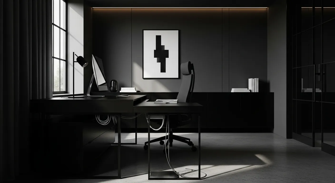 Stylish minimalist black home office design with sleek furniture and modern decor.