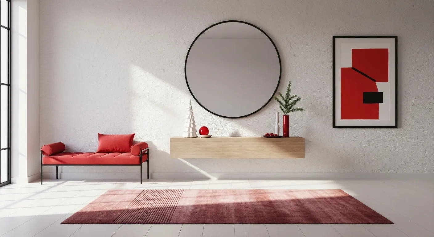 A minimalist Christmas entryway featuring red accents, a round mirror, and modern decor.