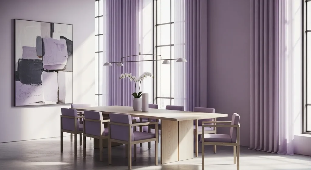 Beautiful minimalist dining room featuring lavender color palette and modern furniture design.