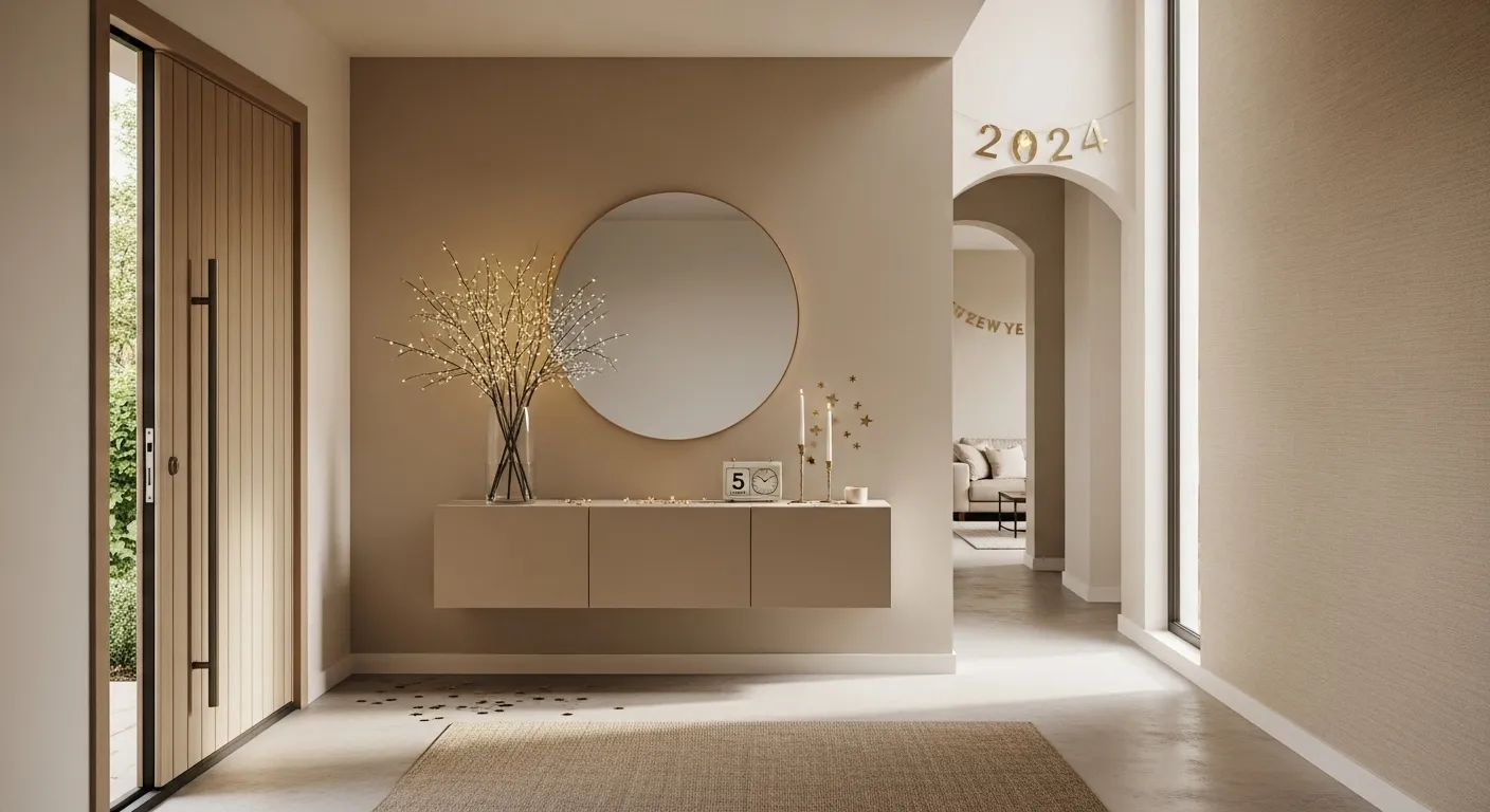 Stylish minimalist entryway with beige color palette, perfect for New Year's Eve decor.