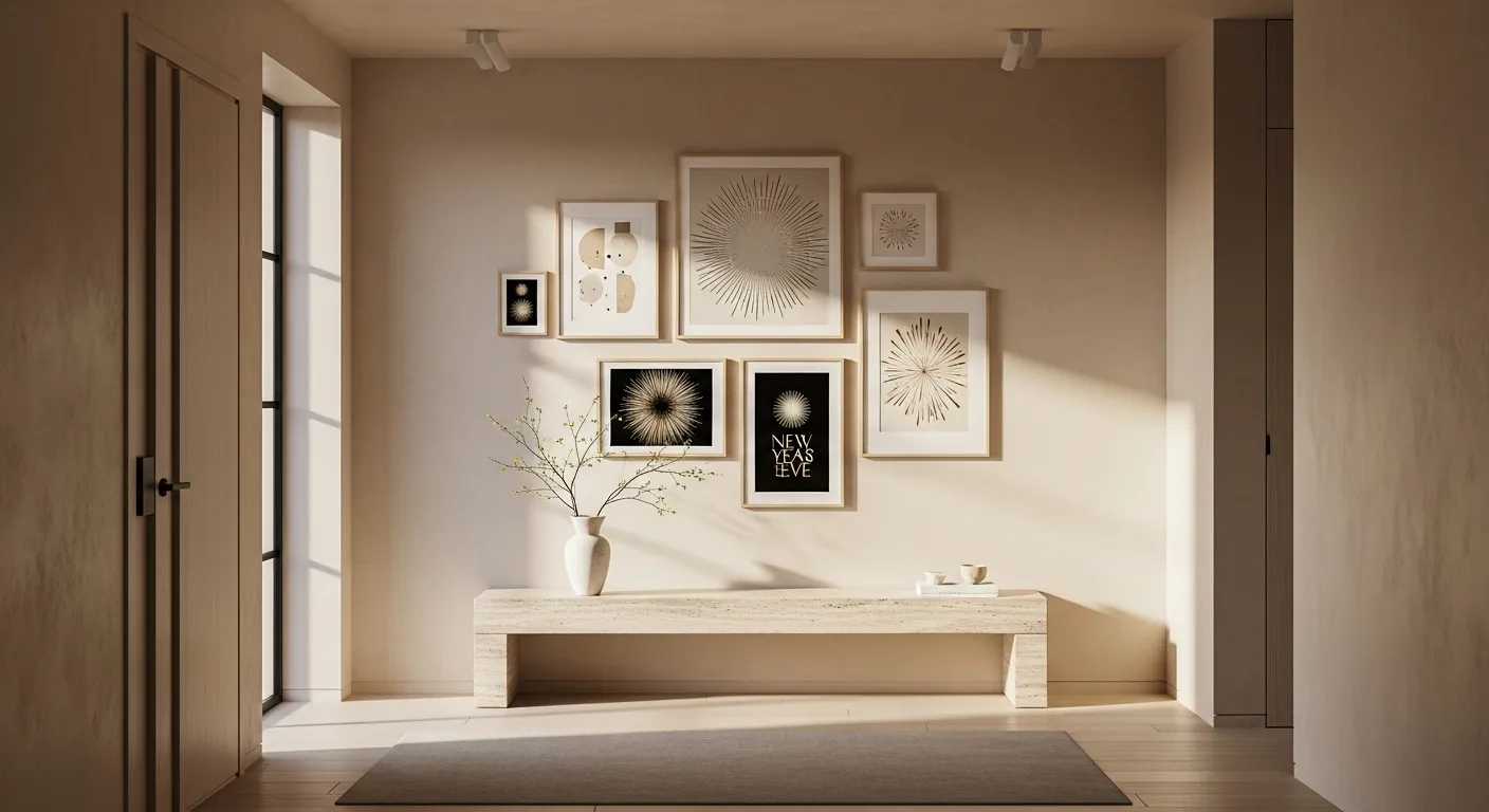 Minimalist entryway decor in beige with New Year's Eve theme and stylish wall art.