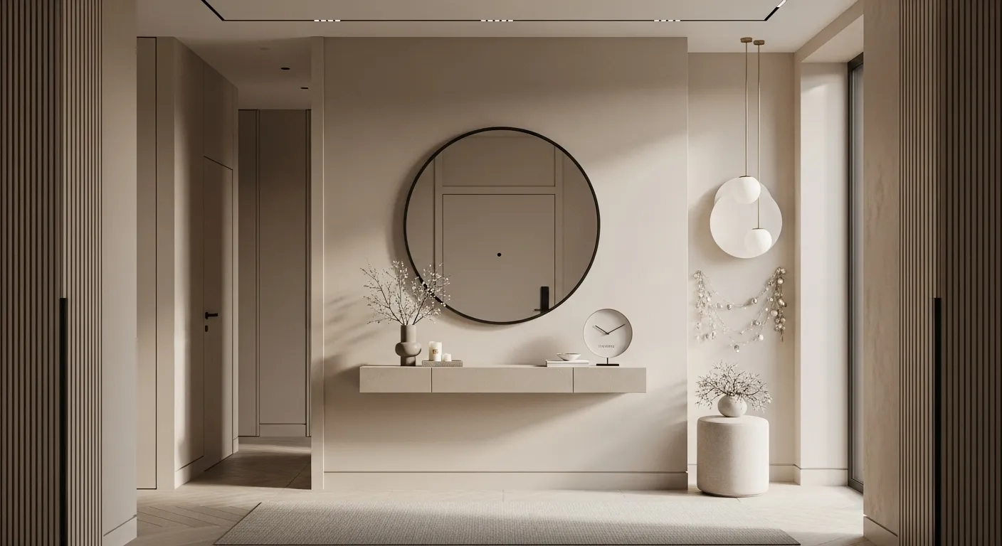 Stylish minimalist entryway with beige color palette for New Year's Eve decor