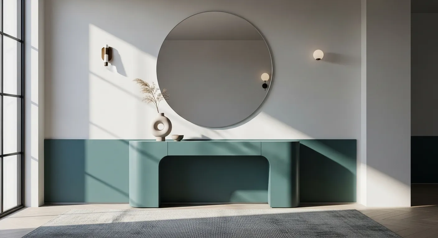 Stylish minimalist entryway featuring teal accents and modern decor elements.