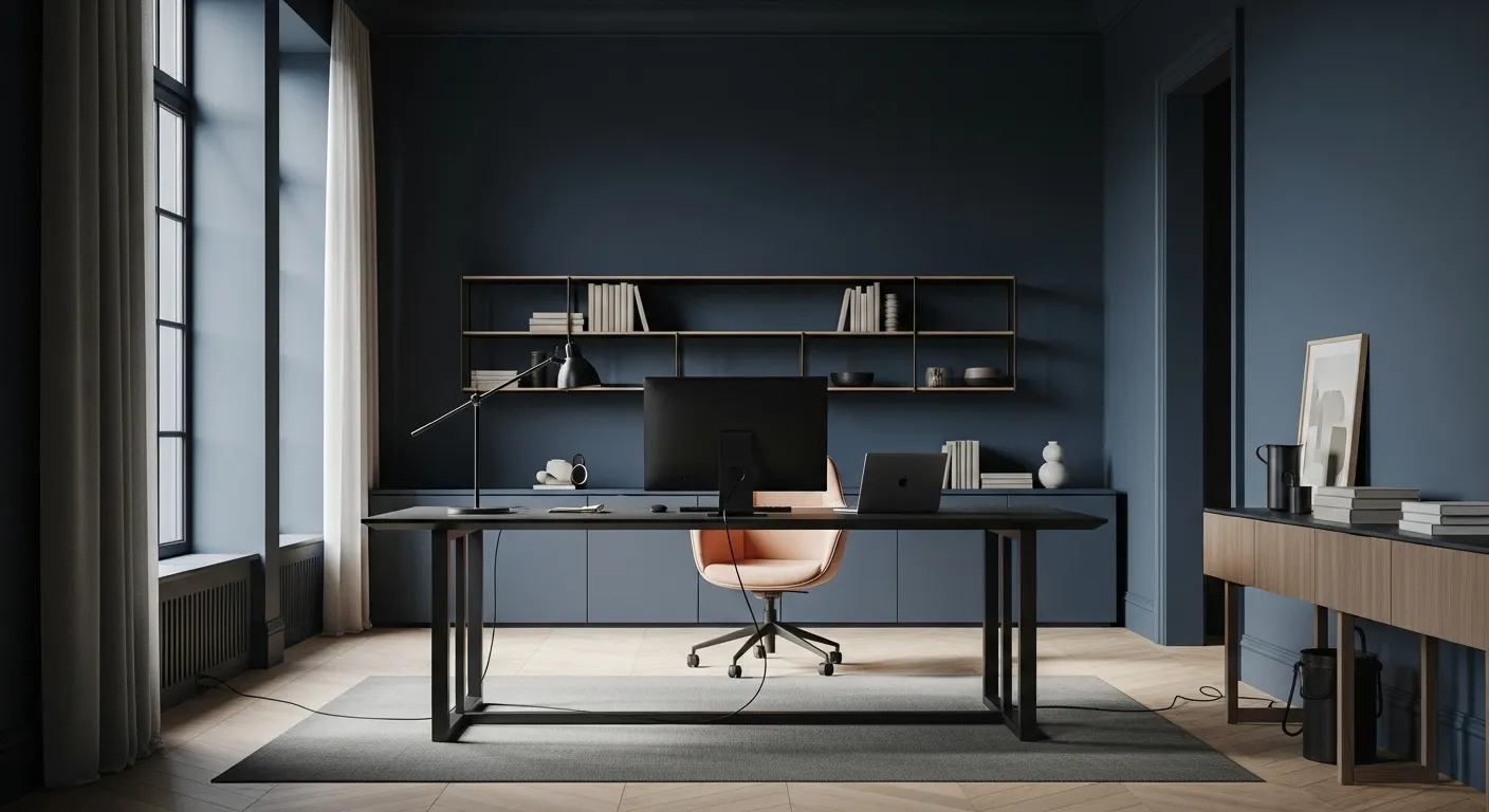 Stylish minimalist home office featuring inky midnight blue walls and sleek furniture.