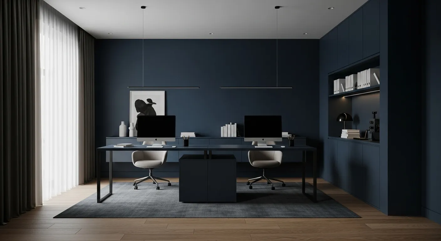 Stylish minimalist home office with inky midnight blue walls and modern decor