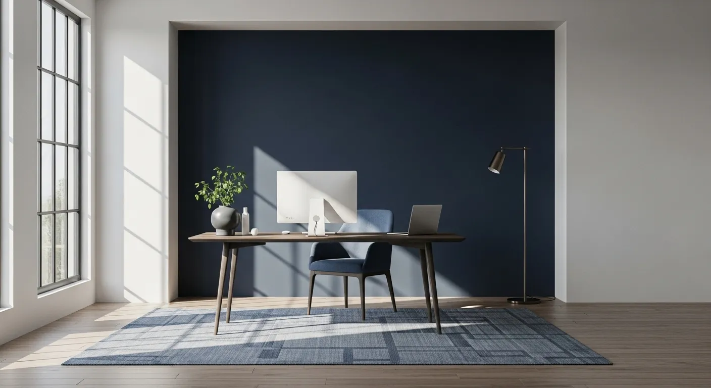 Minimalist home office featuring inky midnight blue walls and a stylish desk setup.